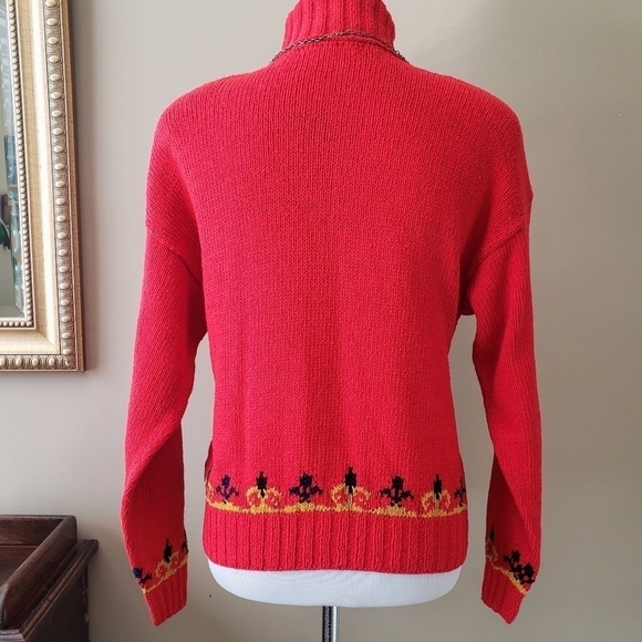 Vintage Liz Claiborne Red Gold Silk Cotton Ornate Regency Turtleneck Sweater M - Picture 6 of 8